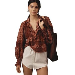 ANTHROPOLOGIE Ruffled V-Neck Popover Blouse Floral lace Women's Size S